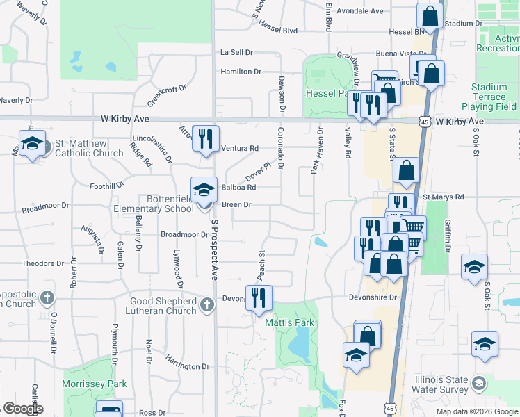 map of restaurants, bars, coffee shops, grocery stores, and more near 802 Richards Lane in Champaign