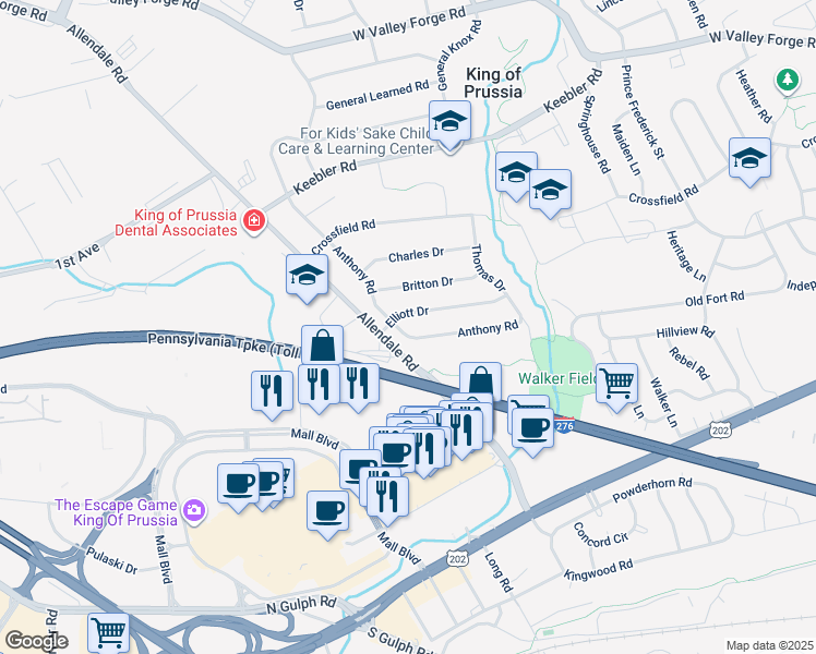 map of restaurants, bars, coffee shops, grocery stores, and more near 305 Anthony Road in King of Prussia