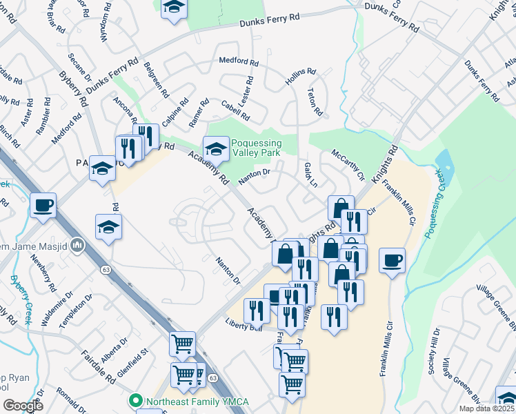 map of restaurants, bars, coffee shops, grocery stores, and more near 3604 Bandon Drive in Philadelphia