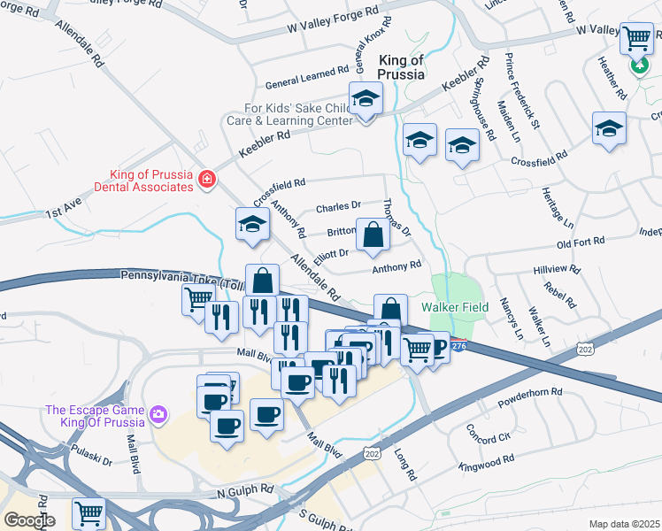map of restaurants, bars, coffee shops, grocery stores, and more near 305 Anthony Road in King of Prussia