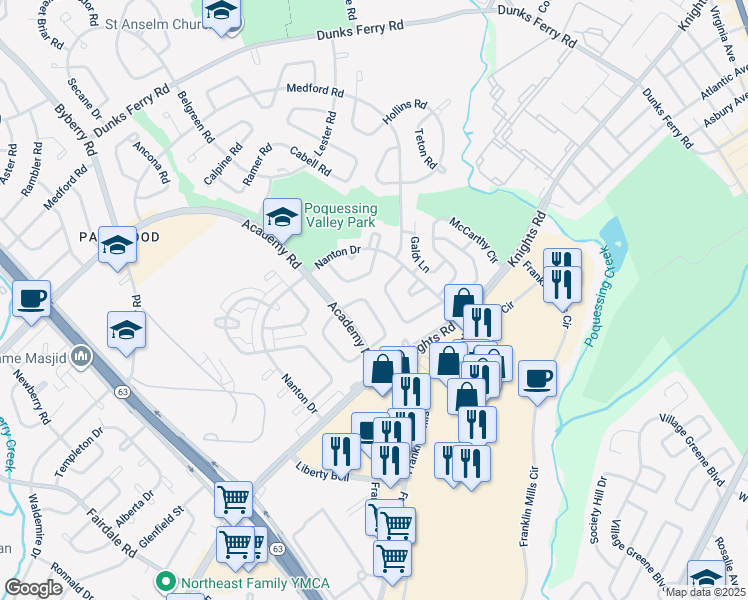 map of restaurants, bars, coffee shops, grocery stores, and more near 12673 Biscayne Drive in Philadelphia