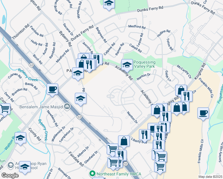 map of restaurants, bars, coffee shops, grocery stores, and more near 12522 Deer Run Road in Philadelphia