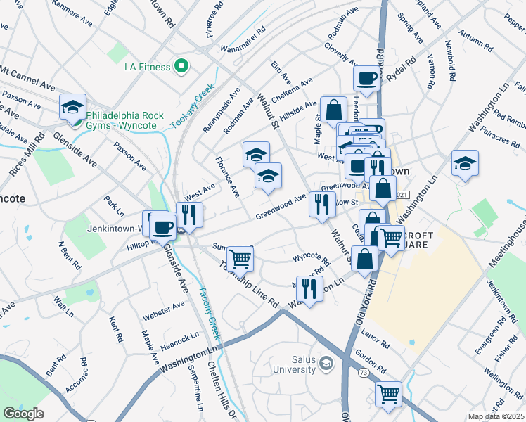 map of restaurants, bars, coffee shops, grocery stores, and more near 213 Greenwood Avenue in Jenkintown