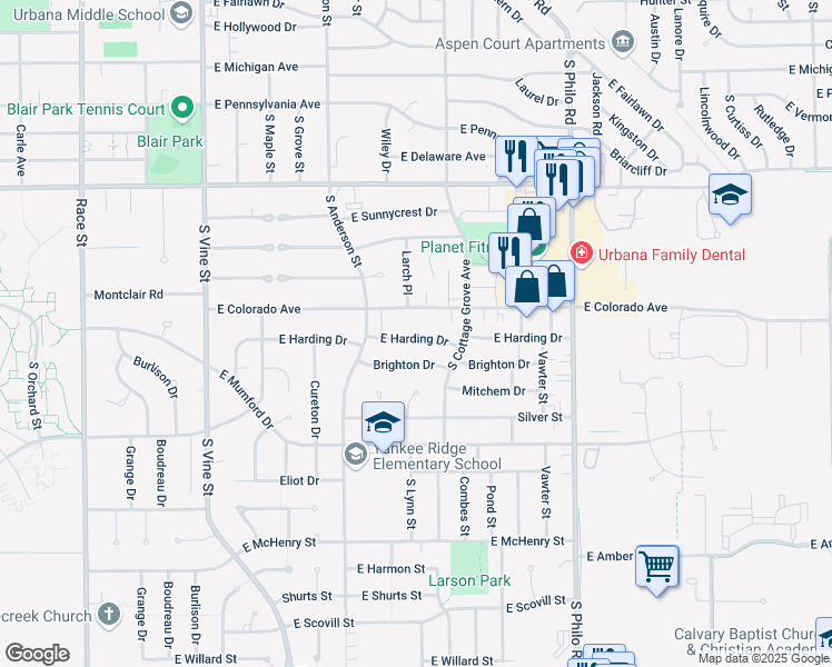 map of restaurants, bars, coffee shops, grocery stores, and more near 901 East Harding Drive in Urbana