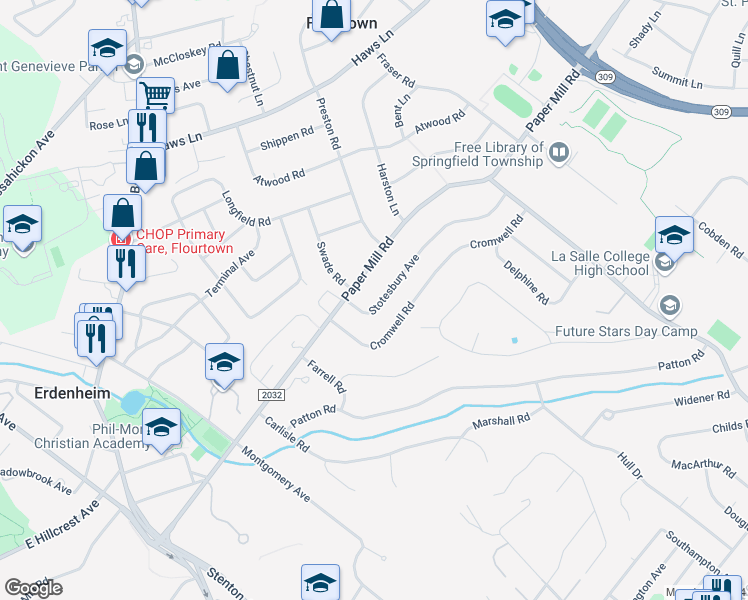 map of restaurants, bars, coffee shops, grocery stores, and more near 1107 Stotesbury Avenue in Wyndmoor