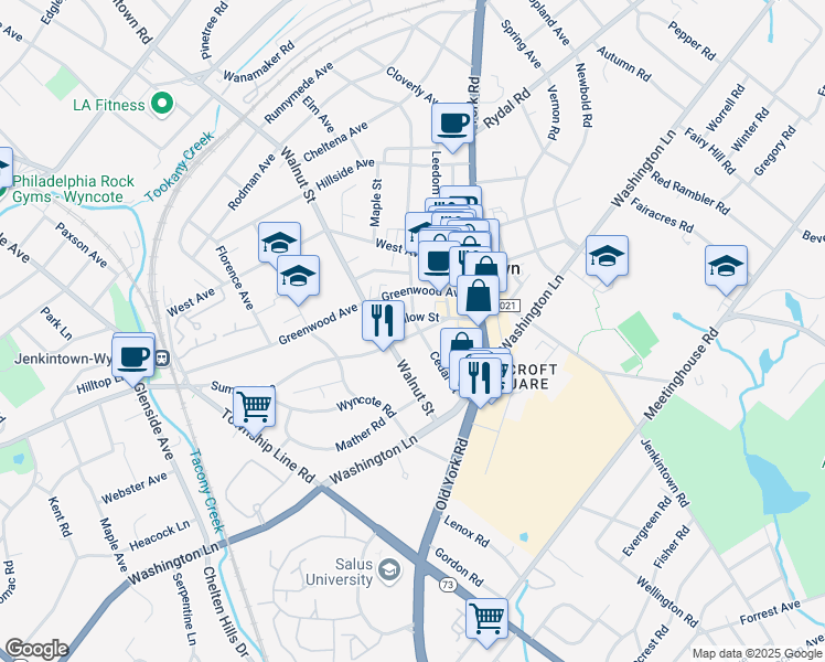 map of restaurants, bars, coffee shops, grocery stores, and more near 511 Summit Avenue in Jenkintown
