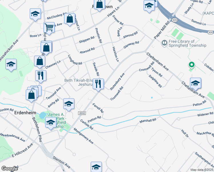 map of restaurants, bars, coffee shops, grocery stores, and more near 1101 Stotesbury Avenue in Wyndmoor