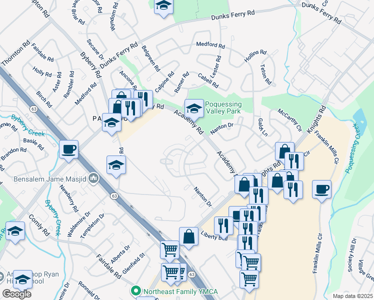 map of restaurants, bars, coffee shops, grocery stores, and more near 12552 Nanton Drive in Philadelphia
