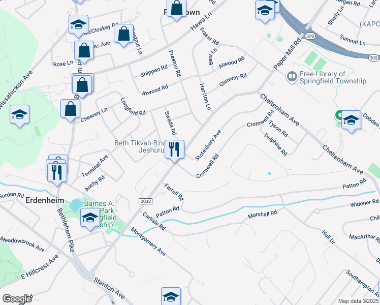 map of restaurants, bars, coffee shops, grocery stores, and more near 1101 Stotesbury Avenue in Wyndmoor