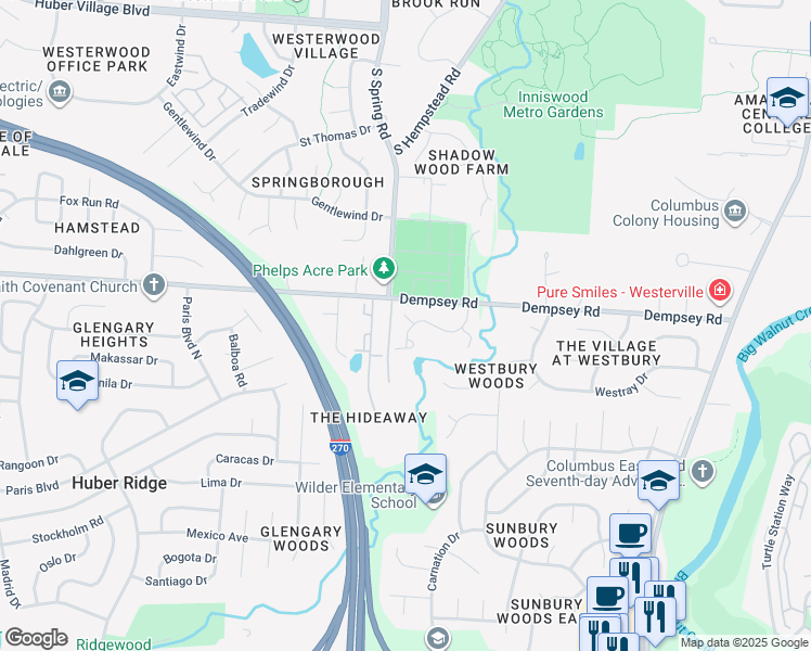 map of restaurants, bars, coffee shops, grocery stores, and more near 1345 Spring Brook Court in Westerville