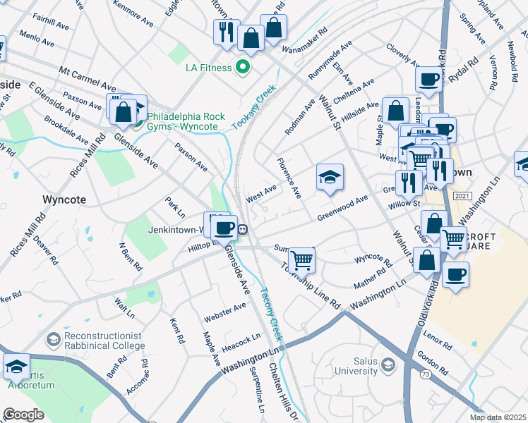 map of restaurants, bars, coffee shops, grocery stores, and more near 100 West Avenue in Jenkintown
