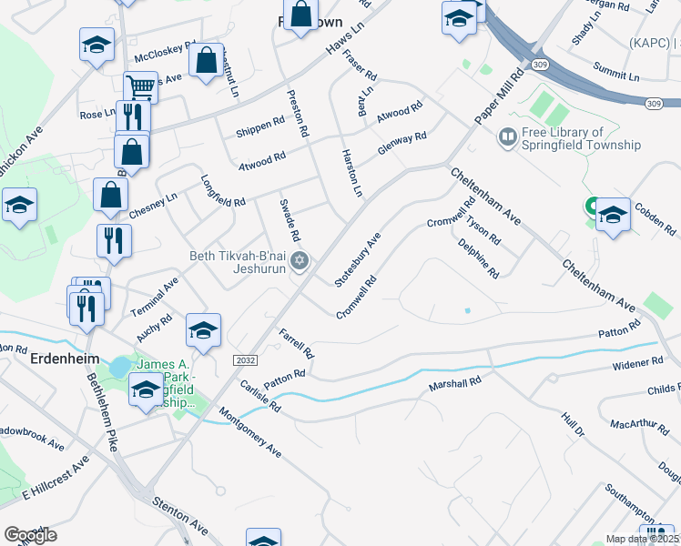 map of restaurants, bars, coffee shops, grocery stores, and more near 1107 Stotesbury Avenue in Wyndmoor