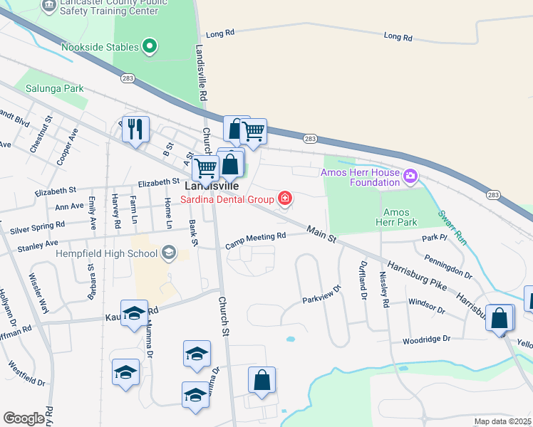 map of restaurants, bars, coffee shops, grocery stores, and more near 390 Main Street in Landisville