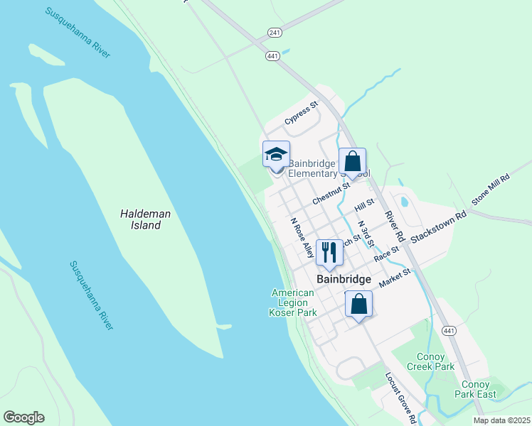 map of restaurants, bars, coffee shops, grocery stores, and more near Orange Alley & N Front St in Bainbridge
