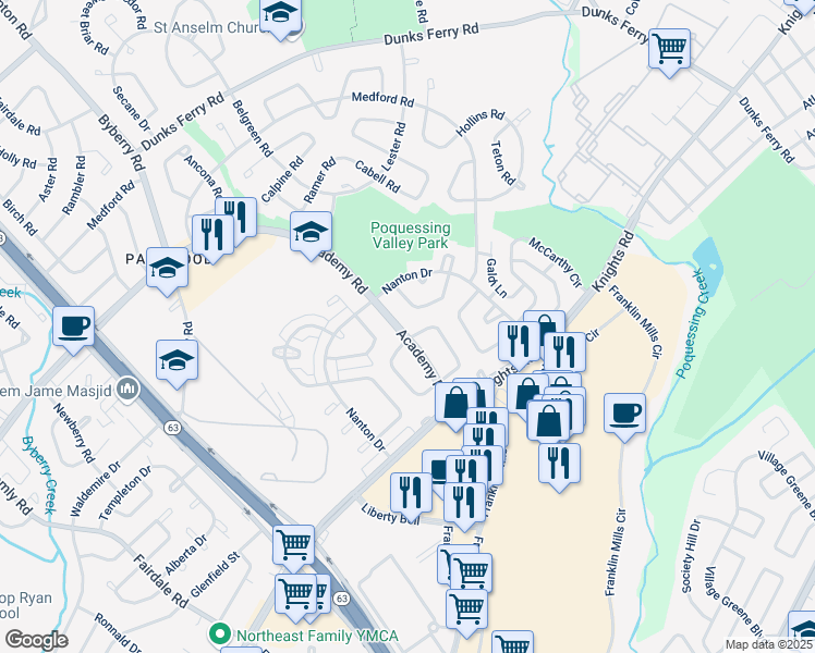 map of restaurants, bars, coffee shops, grocery stores, and more near 3601 Bandon Drive in Philadelphia