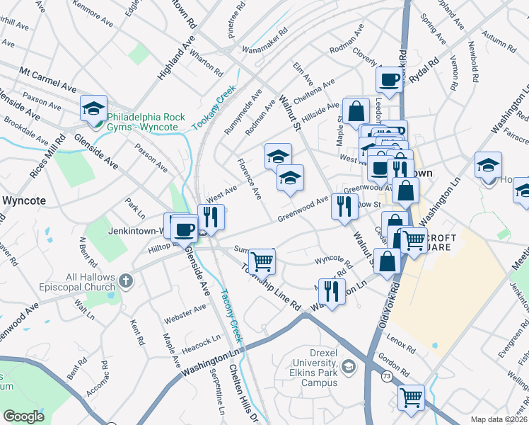 map of restaurants, bars, coffee shops, grocery stores, and more near 206 Greenwood Avenue in Jenkintown