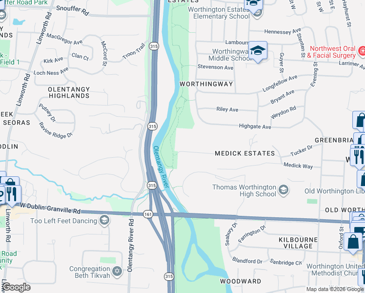 map of restaurants, bars, coffee shops, grocery stores, and more near 589 Tucker Drive in Worthington