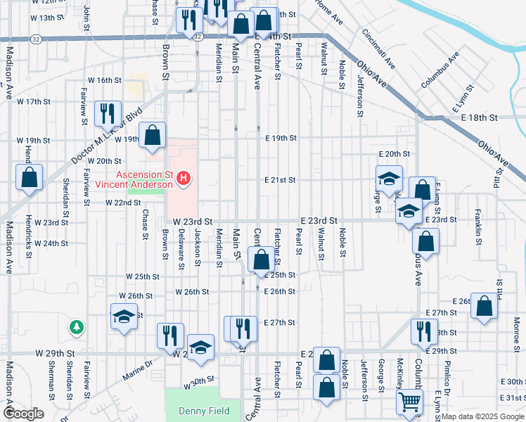map of restaurants, bars, coffee shops, grocery stores, and more near 2221 Central Avenue in Anderson