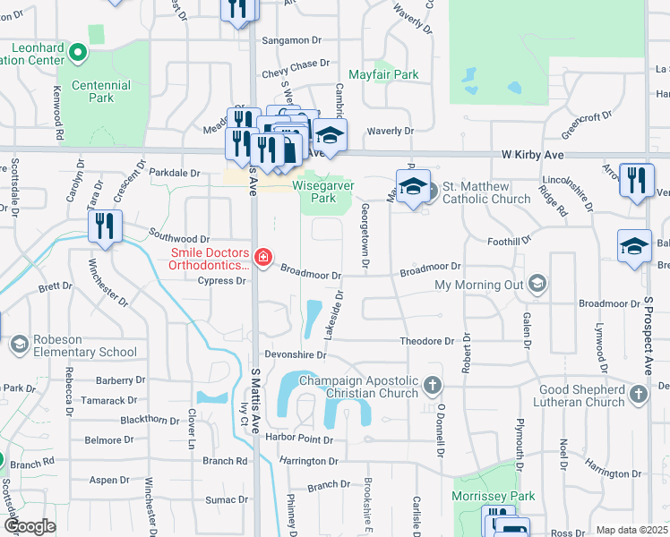 map of restaurants, bars, coffee shops, grocery stores, and more near 1505 Broadmoor Drive in Champaign