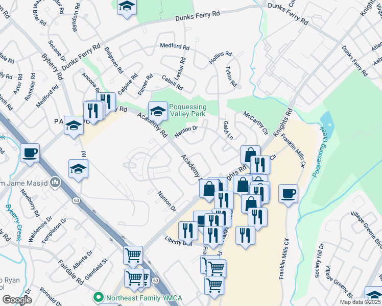 map of restaurants, bars, coffee shops, grocery stores, and more near 3610 Bandon Drive in Philadelphia