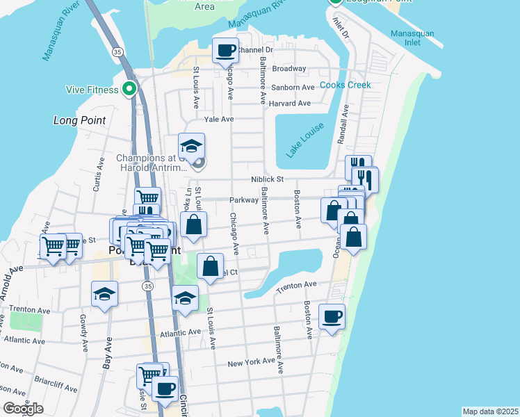 map of restaurants, bars, coffee shops, grocery stores, and more near 207 Central Avenue in Point Pleasant Beach