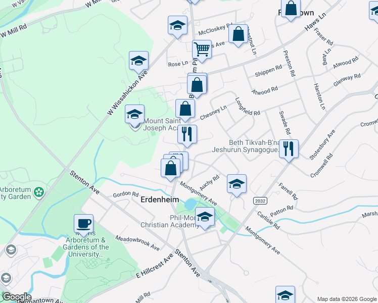 map of restaurants, bars, coffee shops, grocery stores, and more near 8 Yeakel Avenue in Erdenheim