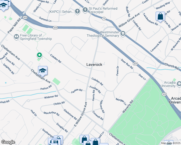 map of restaurants, bars, coffee shops, grocery stores, and more near 1704 East Willow Grove Avenue in Glenside