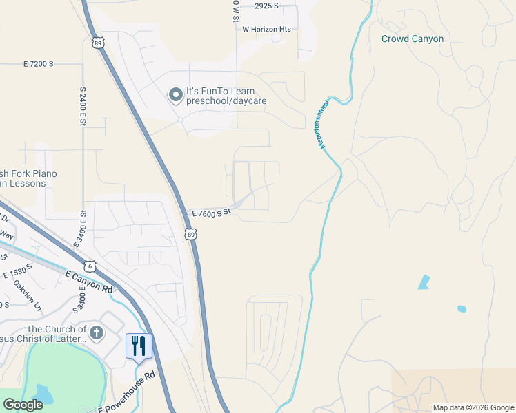 map of restaurants, bars, coffee shops, grocery stores, and more near South 2800 East Street in Spanish Fork