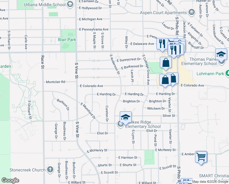 map of restaurants, bars, coffee shops, grocery stores, and more near 612 East Harding Drive in Urbana