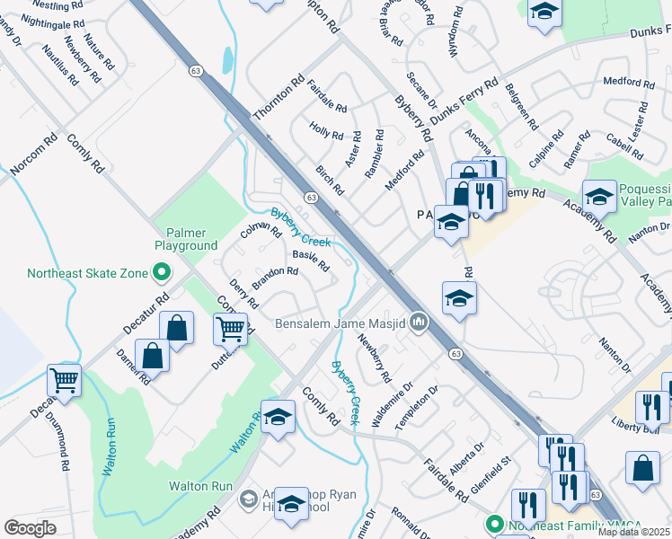 map of restaurants, bars, coffee shops, grocery stores, and more near 11852 Basile Road in Philadelphia
