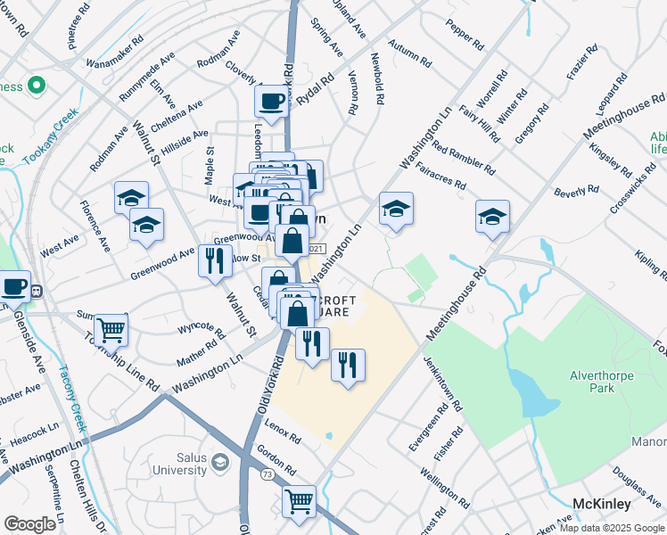 map of restaurants, bars, coffee shops, grocery stores, and more near 900 Greenwood Avenue in Jenkintown