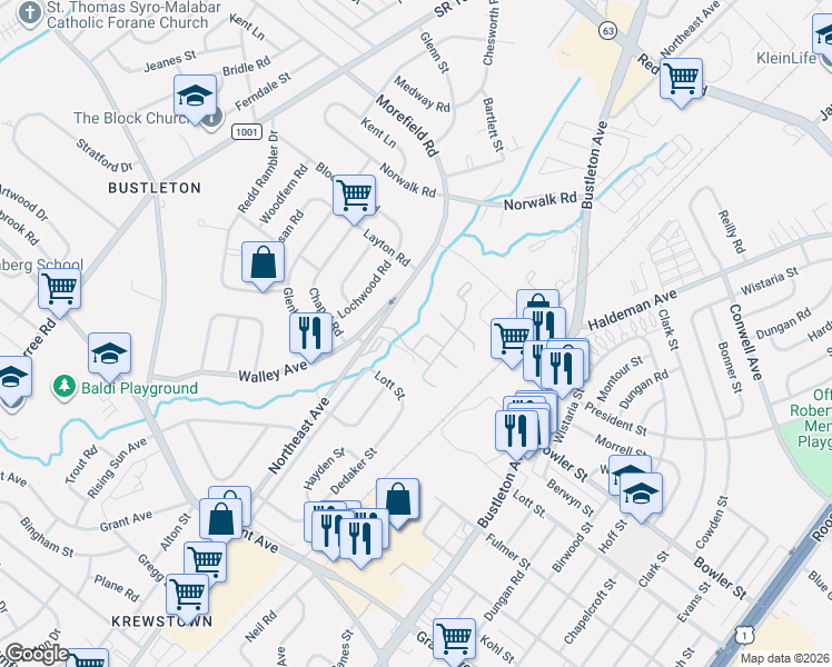 map of restaurants, bars, coffee shops, grocery stores, and more near 25 Country Lane in Philadelphia