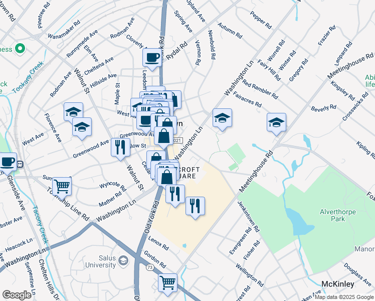 map of restaurants, bars, coffee shops, grocery stores, and more near 906 Greenwood Avenue in Jenkintown