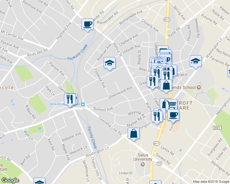 map of restaurants, bars, coffee shops, grocery stores, and more near 213 Greenwood Avenue in Jenkintown