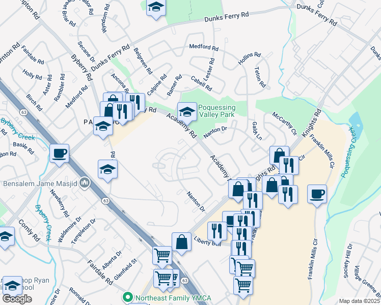 map of restaurants, bars, coffee shops, grocery stores, and more near 3702 Bellaire Road in Philadelphia