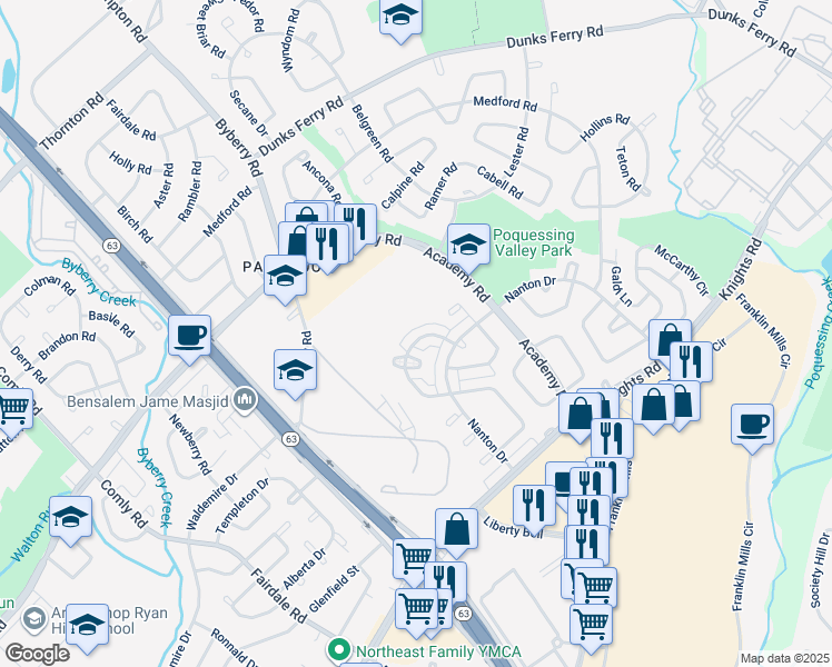 map of restaurants, bars, coffee shops, grocery stores, and more near 12526 Deer Run Road in Philadelphia