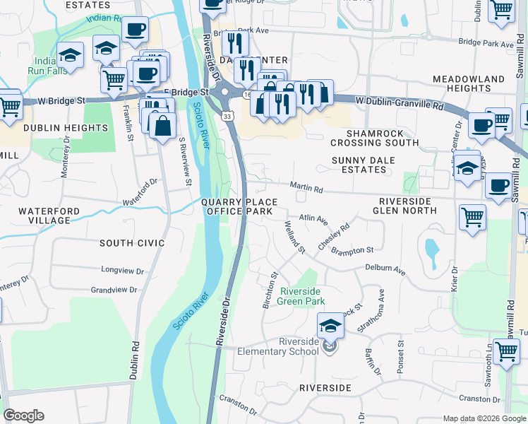 map of restaurants, bars, coffee shops, grocery stores, and more near 6180 Riverside Drive in Dublin