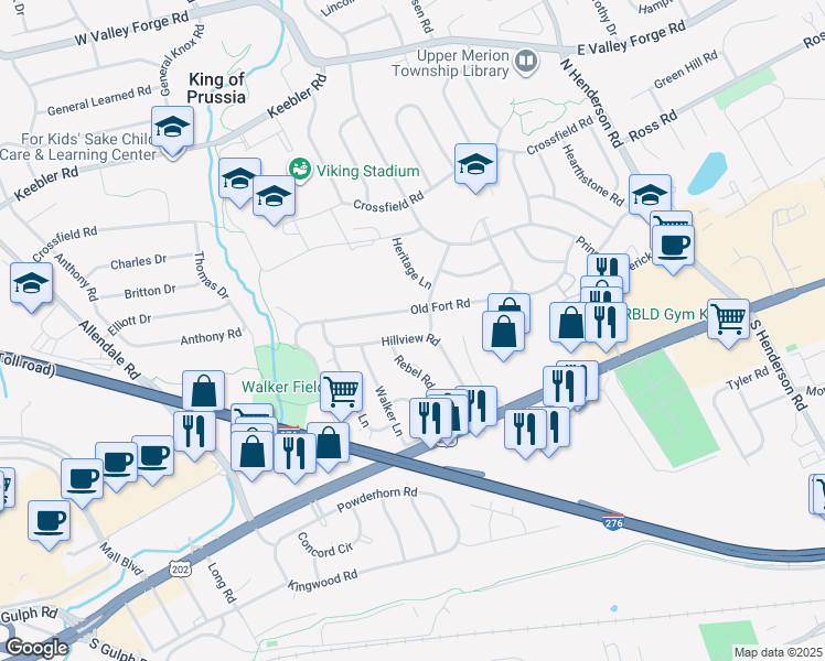 map of restaurants, bars, coffee shops, grocery stores, and more near 412 Hillview Road in King of Prussia