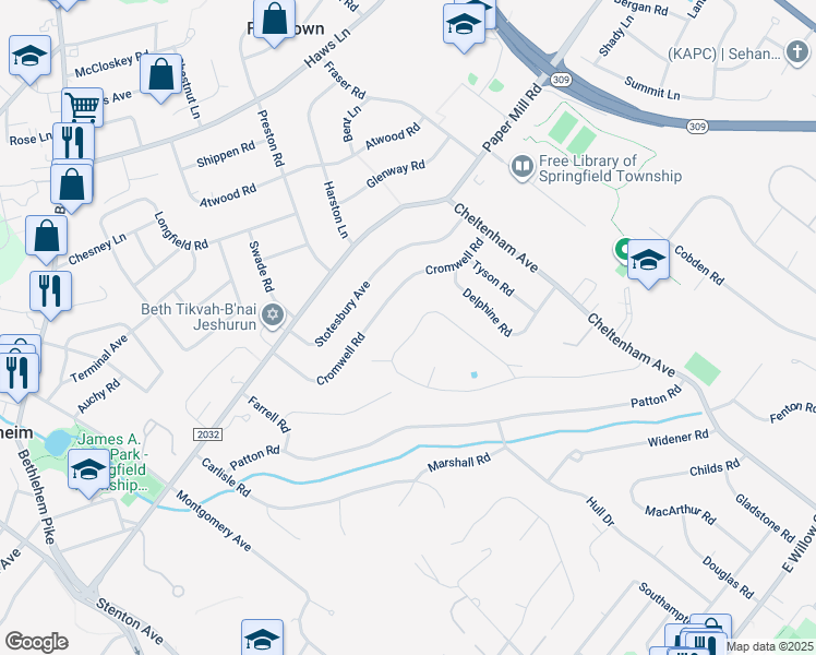 map of restaurants, bars, coffee shops, grocery stores, and more near 8777 Duveen Dr in Wyndmoor