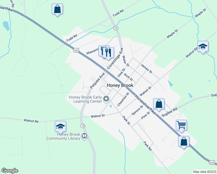map of restaurants, bars, coffee shops, grocery stores, and more near 35 Waynebrook Drive in Honey Brook