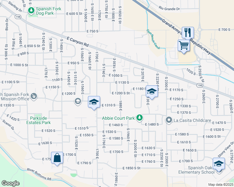 map of restaurants, bars, coffee shops, grocery stores, and more near 1850 East 1200 South Street in Spanish Fork