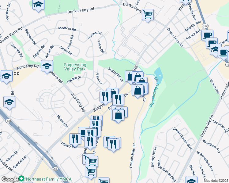 map of restaurants, bars, coffee shops, grocery stores, and more near 12807 Cliffe Drive in Philadelphia
