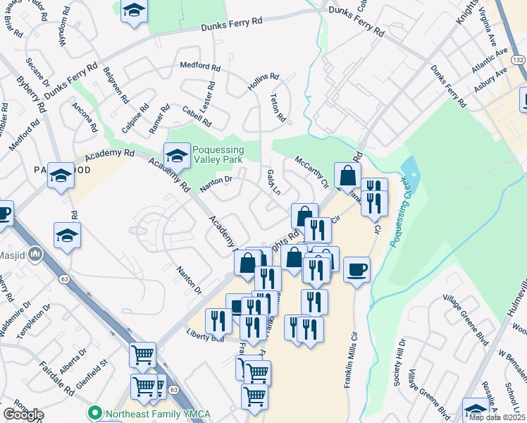 map of restaurants, bars, coffee shops, grocery stores, and more near 3720 Mechanicsville Place in Philadelphia