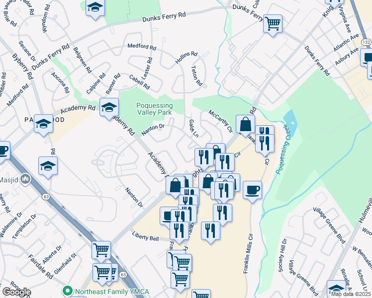 map of restaurants, bars, coffee shops, grocery stores, and more near 3720 Mechanicsville Place in Philadelphia