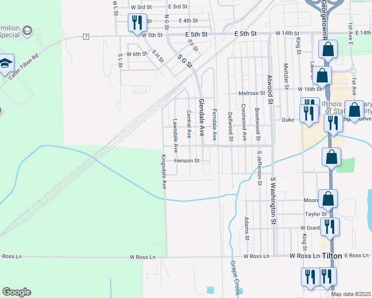 map of restaurants, bars, coffee shops, grocery stores, and more near Henson Street in Tilton