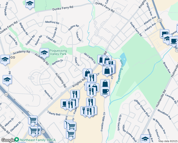 map of restaurants, bars, coffee shops, grocery stores, and more near 12807 Cliffe Drive in Philadelphia