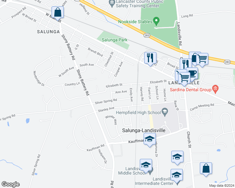 map of restaurants, bars, coffee shops, grocery stores, and more near 110 Ann Avenue in Salunga-Landisville