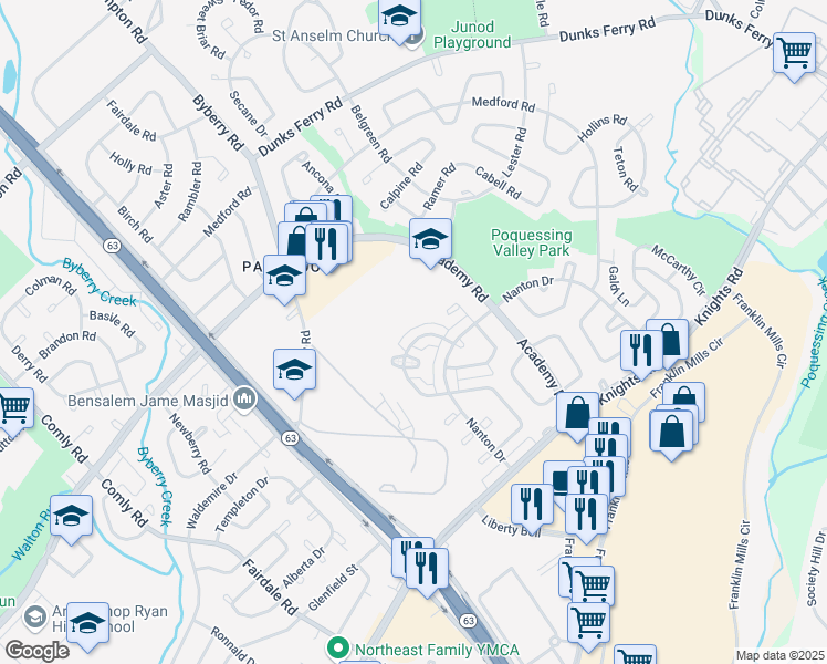 map of restaurants, bars, coffee shops, grocery stores, and more near 12526 Deer Run Road in Philadelphia