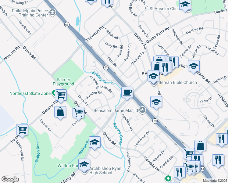 map of restaurants, bars, coffee shops, grocery stores, and more near 11862 Basile Road in Philadelphia