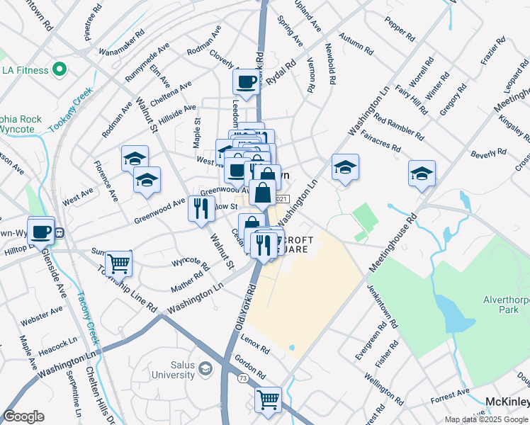 map of restaurants, bars, coffee shops, grocery stores, and more near 611 Harper Avenue in Jenkintown